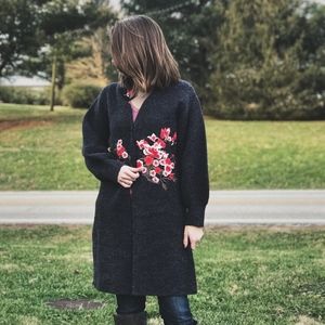 Simply Couture Long Grey Embroidered Cardigan